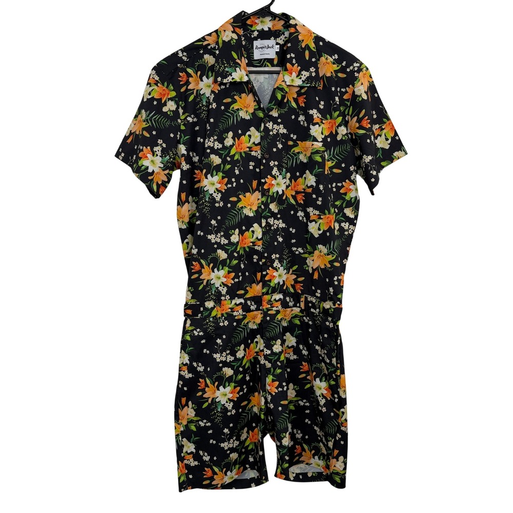 RomperJack Romper Mens Medium Black Floral Print Short Sleeve Summer Festival